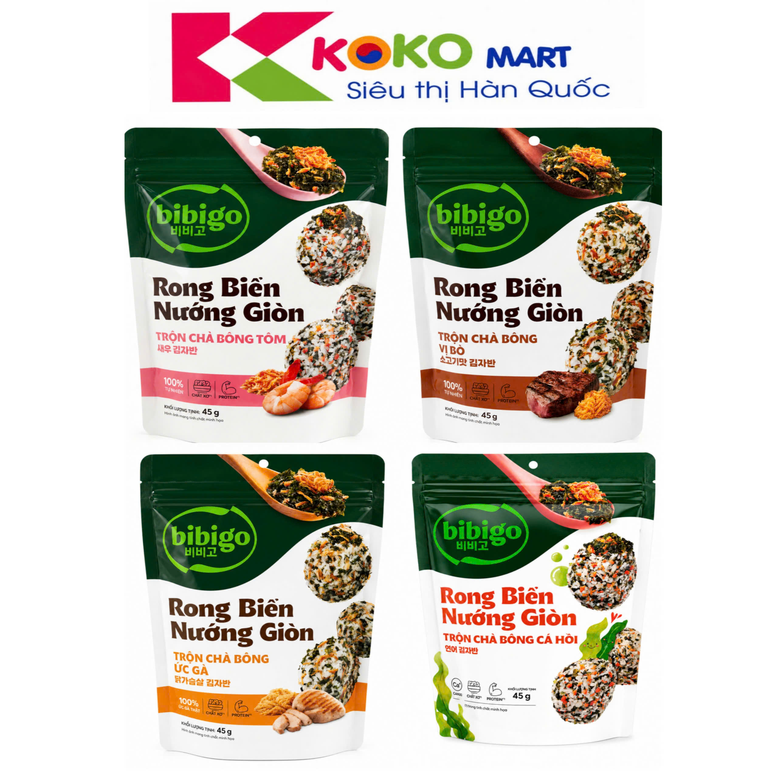 Rong biển trộn cơm Chà Bông  Bibigo CJ 45g (cá hồi, tôm,bò,ức gà)