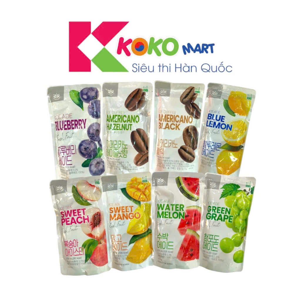 Nước trái cây Ice Ade Hàn Quốc túi 230ml vị lựu, đào, chanh, xoài, việt quất