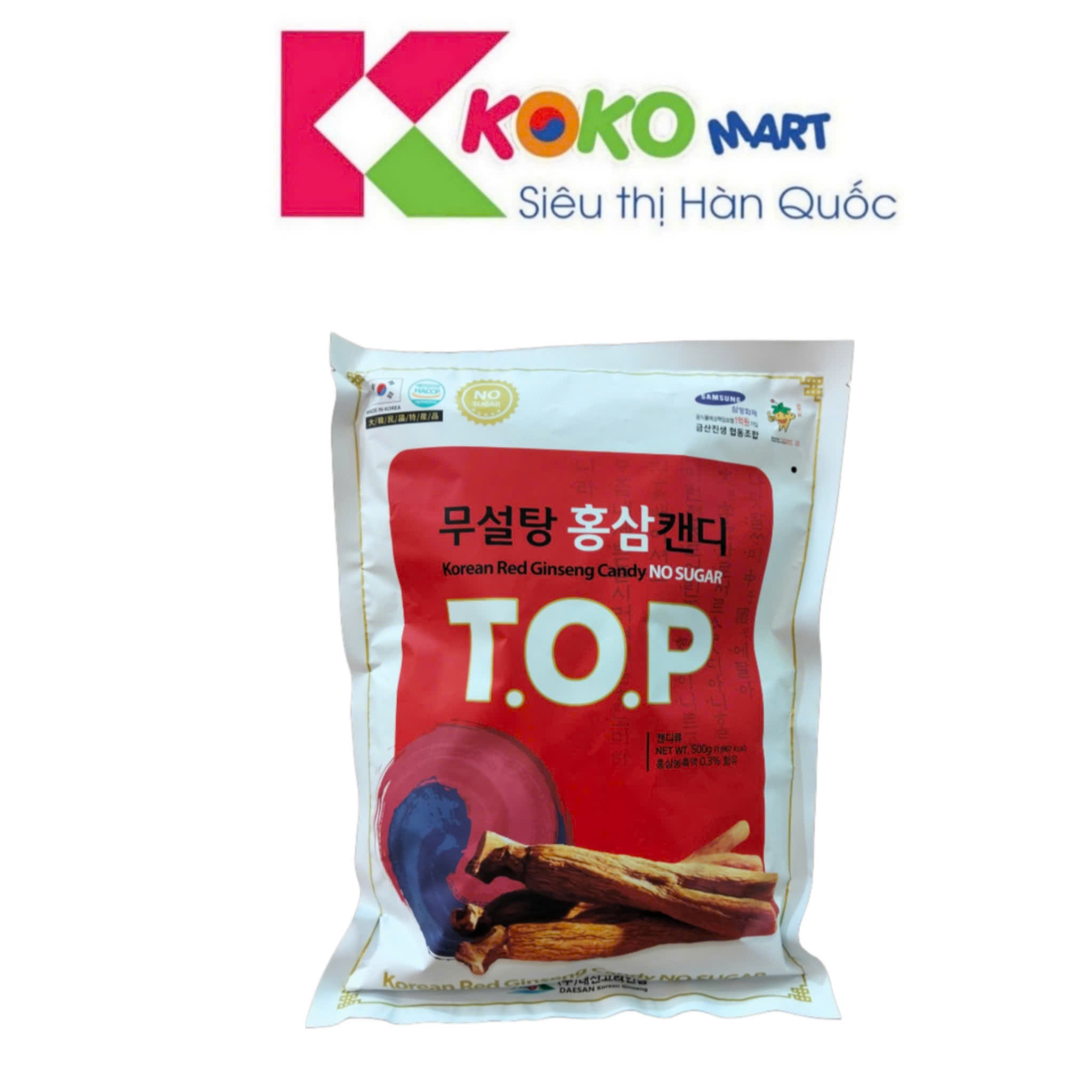 Kẹo Hồng Sâm Không Đường T.O.P Daesan bịch 500g